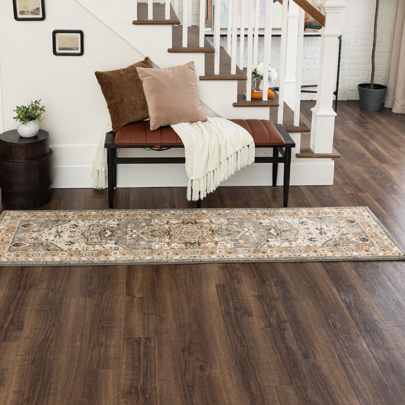 Gray and Beige Wool Synthetic Medallion Runner Rug