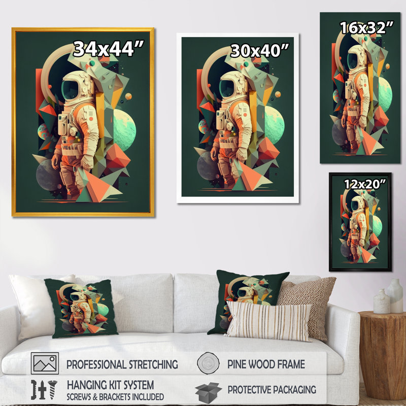 Astronaut and Vivid Shapes, reproduction d'art sur toile, H 32 po x l 16 po x P 1 po, Noir
