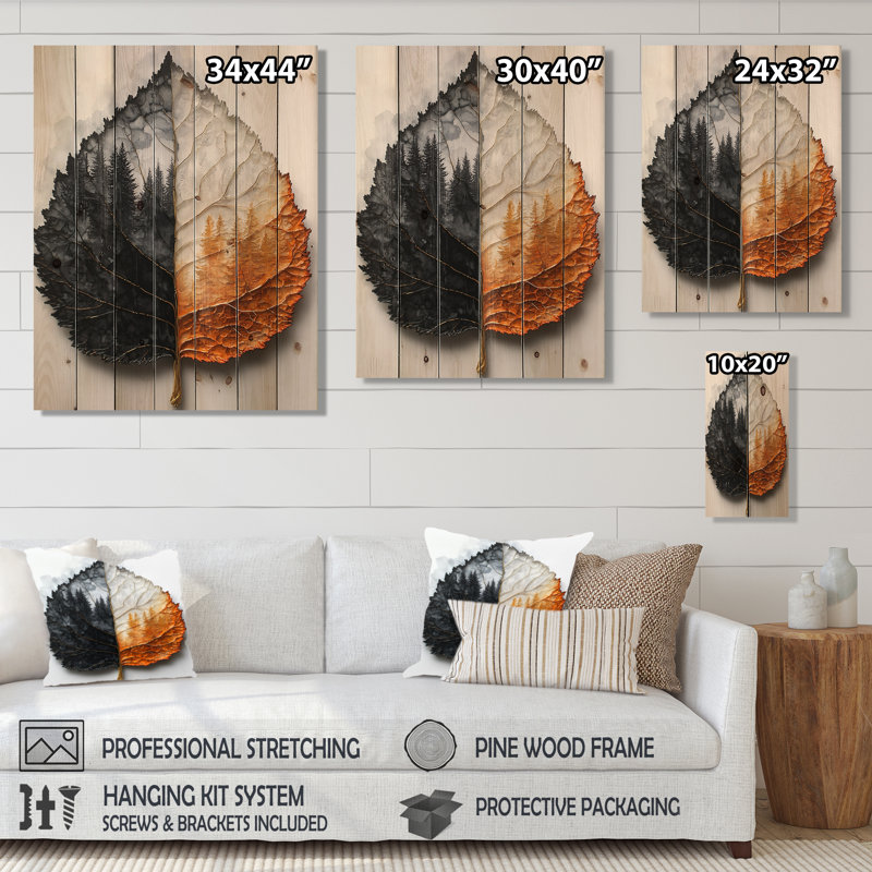 Symétrie moderne de feuilles d'automne I - décoration murale en bois de feuilles - sur bois de pin naturel