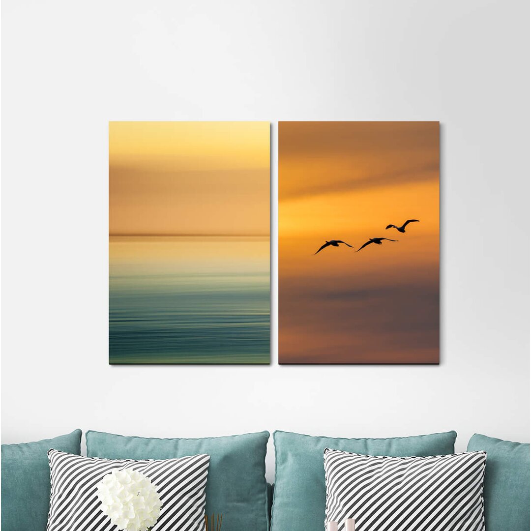 2-tlg. Leinwandbilder-Set - Grafikdruck „Horizon Freedom Birds Flying Sea Silence Peace”