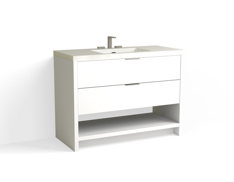 Vue 48" W Freestanding Single Bathroom Vanity, Glossy White/8" Widespread, White Nanomatte, Satin Nickel