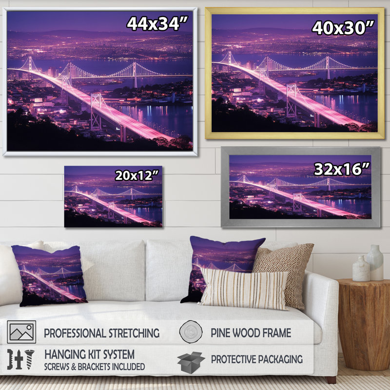 «San Francisco Skyline And Bay Bridge IX», reproduction d'art sur toile, H 16 po x l 32 po x P 1 po, Cadre simple noir