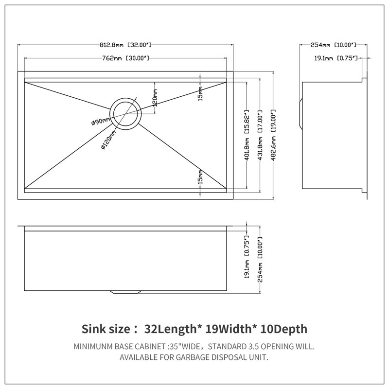 Évier de cuisine à simple cuve encastrable 32 po x 19 po x 10 po en acier inoxydable calibre 16
