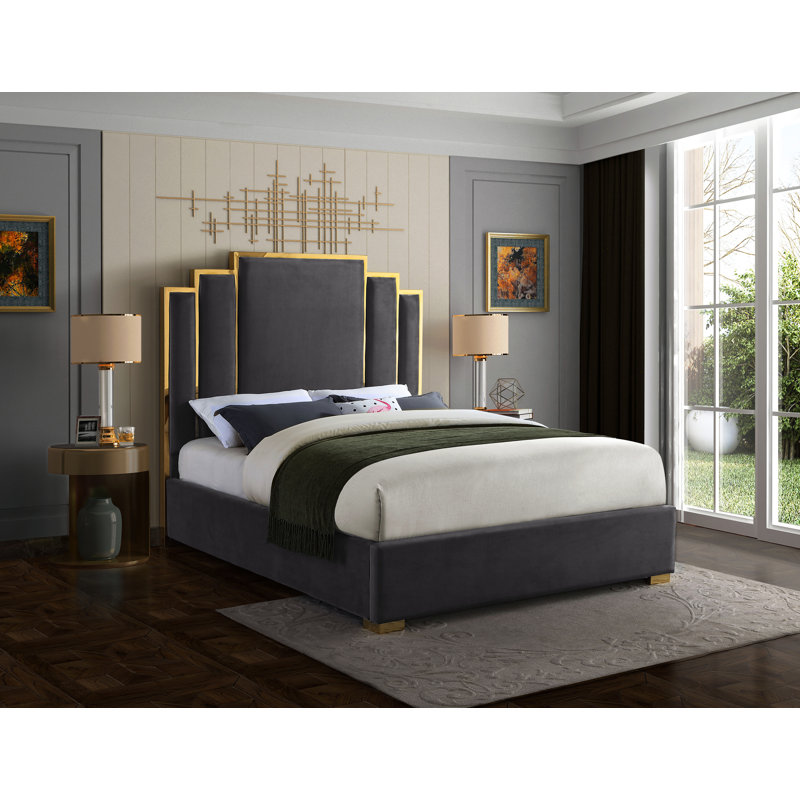Lit plateforme tapissier Hugo, Grand, Velours gris