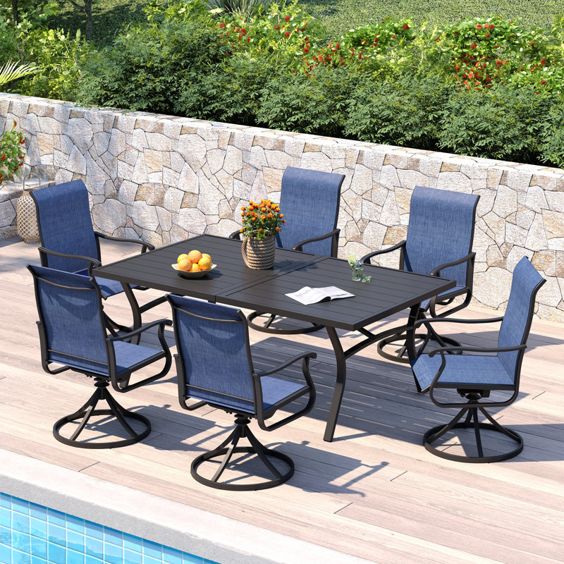 70.9"L Outdoor Dining Set with Extra Large Rectangular Dining Table and 6 PVC-coated polyester Swivel Chairs , Cobalt Blue
