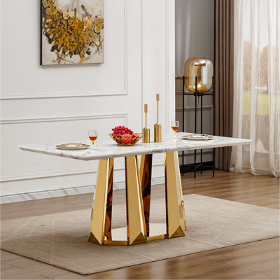 Table de salle à manger en marbre pour 6 personnes, table de salle à manger rectangulaire en faux marbre 70 po avec base en acier inoxydable à finition miroir, table de cuisine moderne en marbre de grande taille (or, blanc) (table seulement)