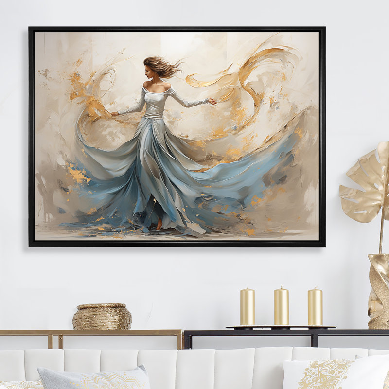 Minimalisme blanc et bleu Dance I - art mural encadré de danse, Cadre flottant noir, L 44 po x H 34 po x P 1,5 po