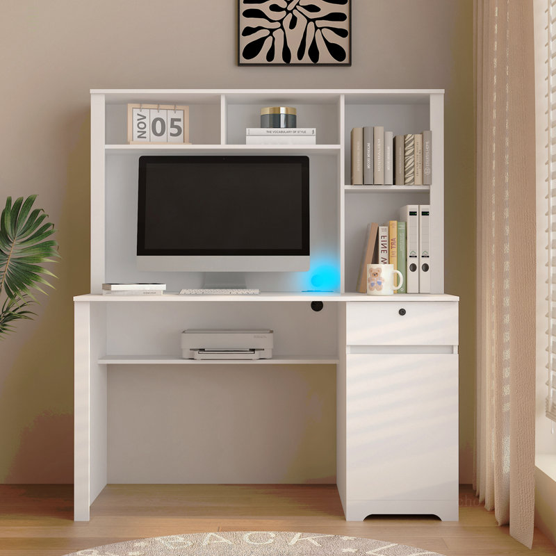 Bureau d'ordinateur avec huche et bibliothèque, bureau de direction en bois pour adolescents, bureau d'écriture pour ordinateur portable avec tiroirs, 3 prises CA et 2 ports de charge USB, table d'ordinateur portable pour la maison ()