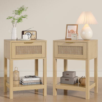 Ensemble de 2 tables de chevet en rotin avec tiroir et tablette ouverte, table de chevet Boho Farmhouse Table de chevet en chêne naturel