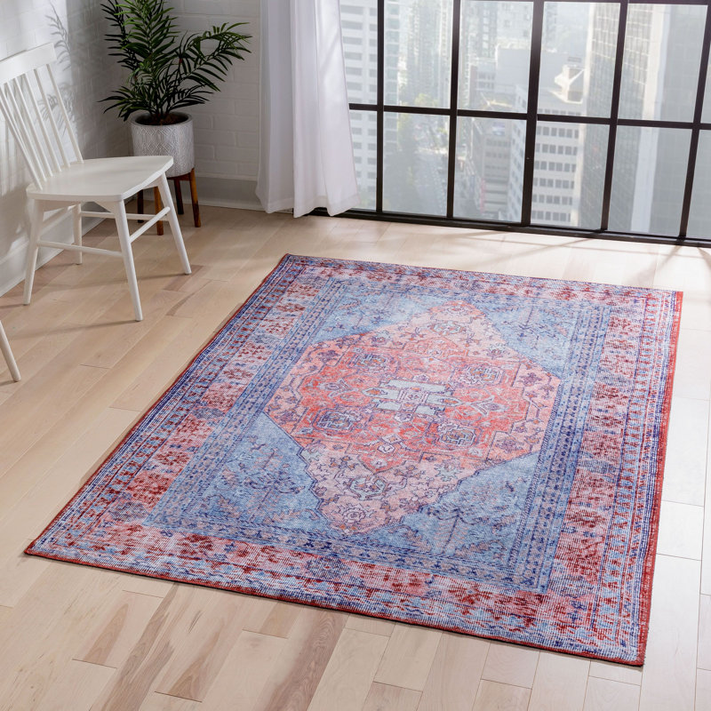 Nile Vintage Medallion Flatweave Blue/Red Machine Washable Area Rug, Rectangle 115 x 170cm