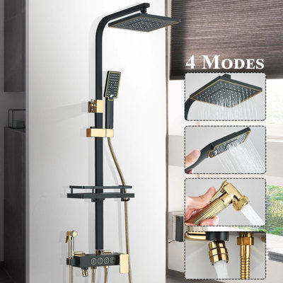 Modern Matte Black & Gold Wall Mount Shower System, 4 Function Push Button Shower Faucet Set with 8 in ABS Rain Shower Head, 3-Spray Handheld Shower, Spray Gun & Shower Shelf