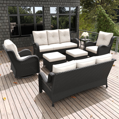  Ensemble de meubles de patio 7 pièces, ensemble de chaises berçantes modulaires en osier rotin avec repose-pieds, fauteuils coulissants pivotants et table basse
