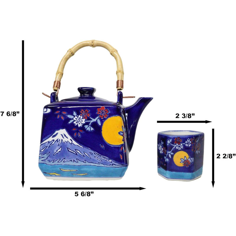Ensemble théière hexagonale bleue en céramique avec 4 tasses à thé Blue Mount Fuji