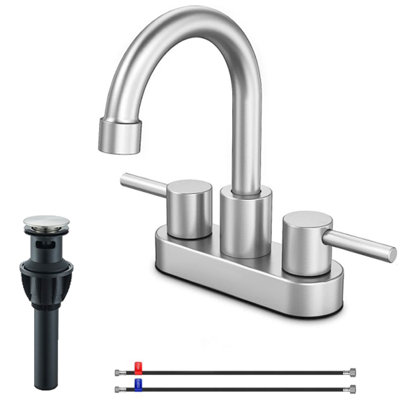 Robinet de lavabo Mosson contemporain en nickel brossé à deux poignées, fixation à 2 trous et bonde escamotable.