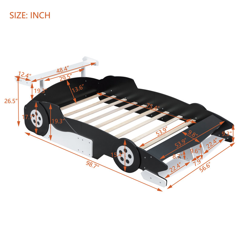 Lit plateforme pleine grandeur en forme de voiture de course avec roulettes, Noir, Lit double