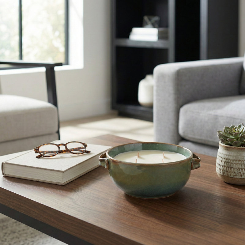 Bougie décorative en forme de bol décoratif en céramique avec poignées, Vert