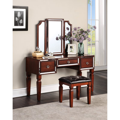 Meuble-lavabo de luxe avec tabouret - couleur cerise, 3 rangements, 3 miroirs, sièges confortables, 3 tiroirs en cerisier majestueux, tendance