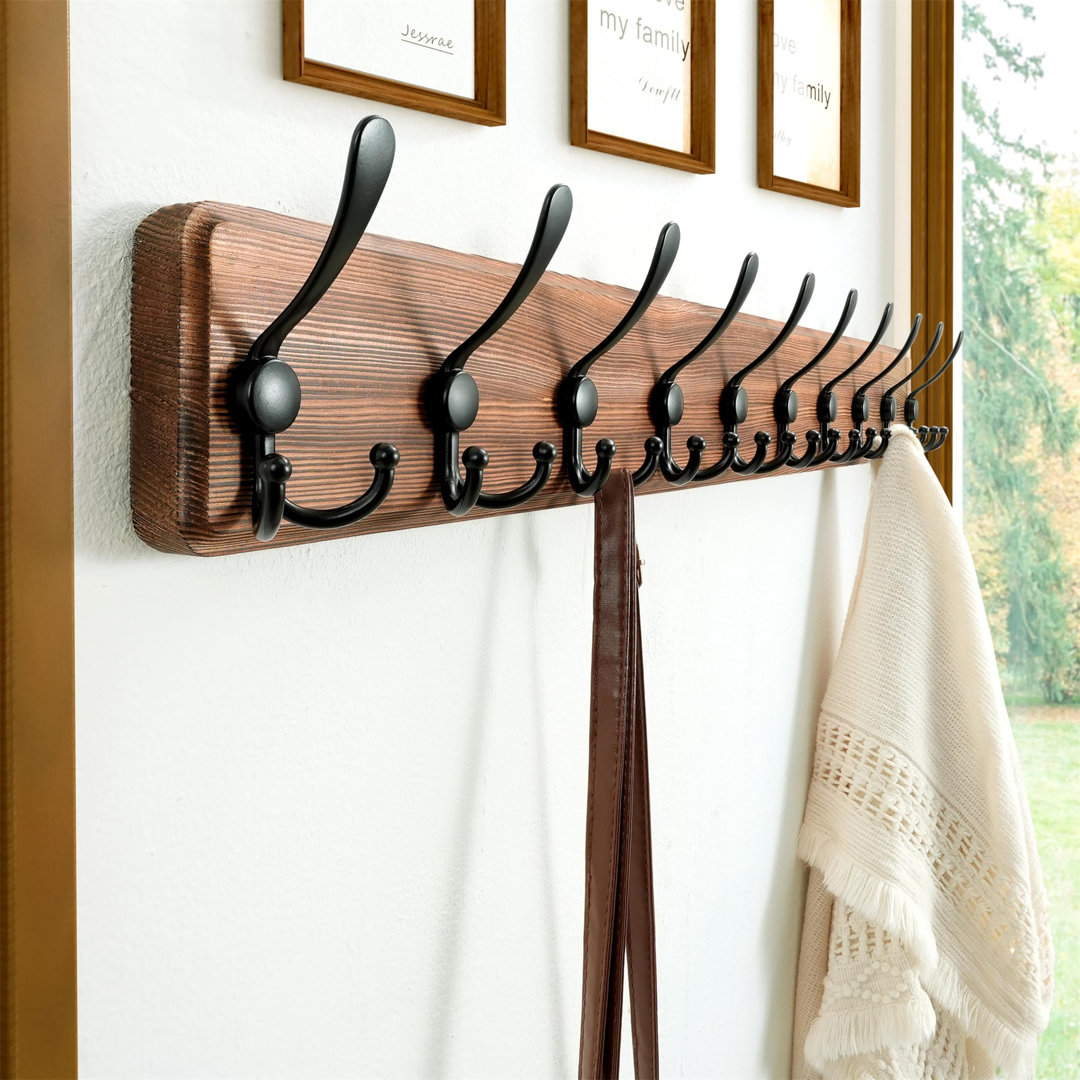 Coat Rack Wall Mount - 97Cm Long, Heavy-Duty, 10-Tri-Hooks, Rustic Wooden Wall Coat Hanger Hook Rail For Winter Coats Hat Jacket Clothing