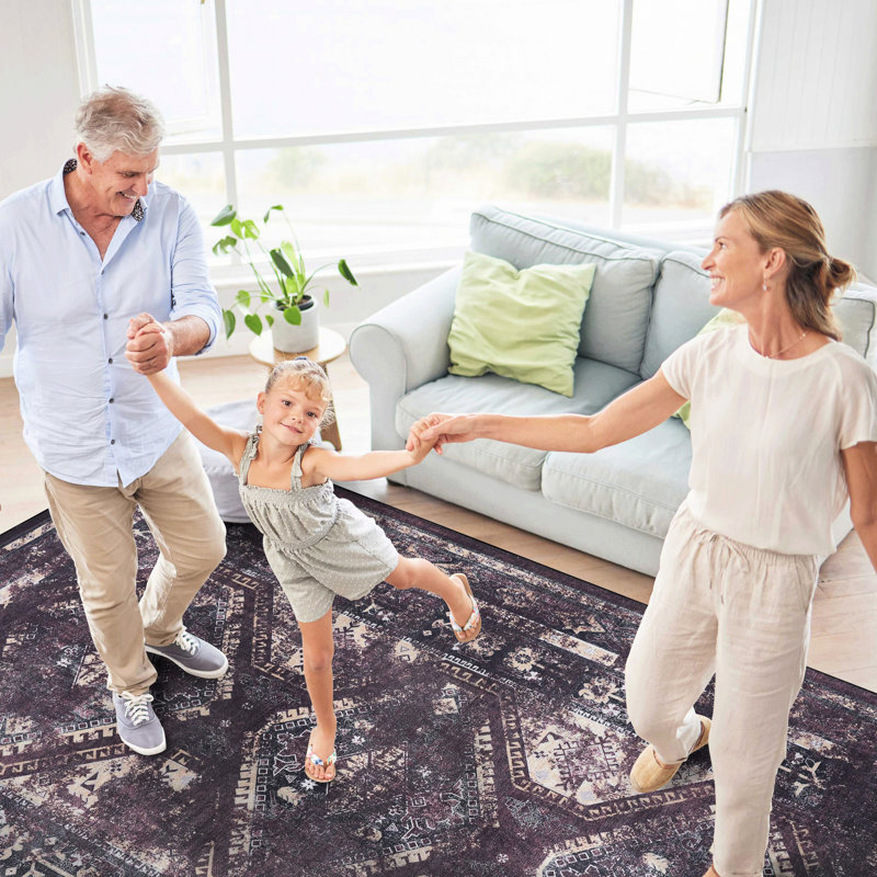 Area Rug For - Washable, Non-Slip, Low-Pile, Pet-  Black + Burgundy, 2'6'' X 10' Machine Washable Living Room Low-Pile