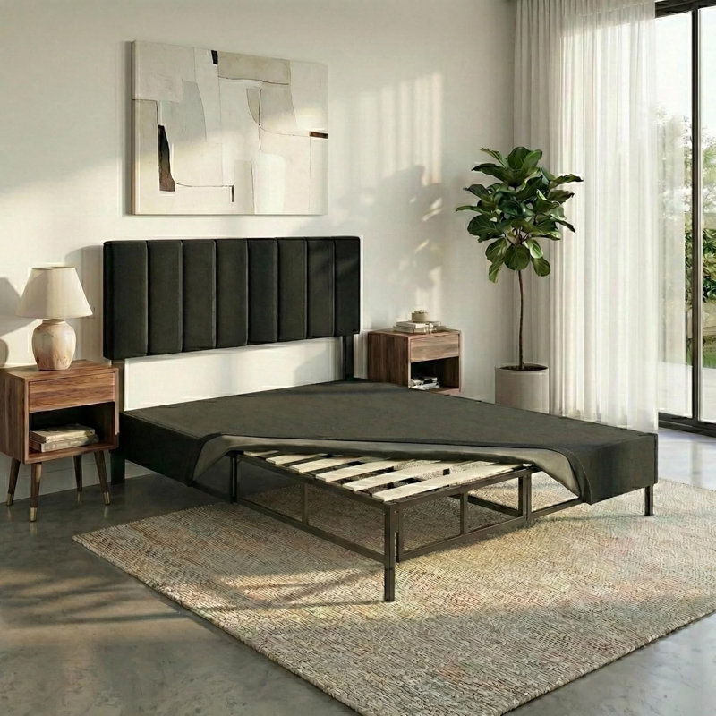 Sommier et base de lit en métal 2 en 1 avec lattes coulissantes, assemblage facile, pieds amovibles, support robuste, supports de tête de lit, utilisation comme base de lit ou comme sommier tapissier
