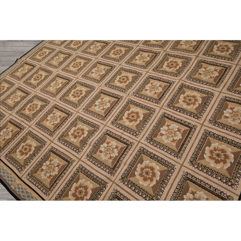 Tapis beige en laine tissé à la main 7 pi 9 po x 10 pi Aubusson French