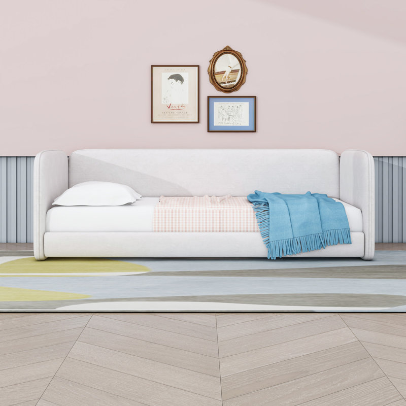 Structure de lit tapissier pour lit simple avec rails latéraux de protection, Beige