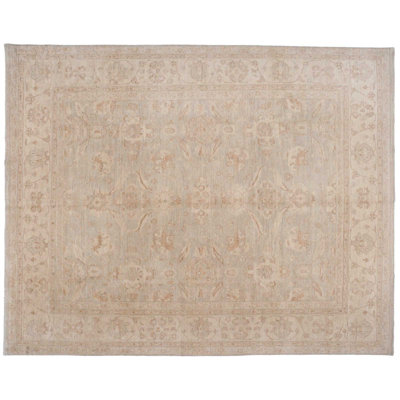 Tapis unique en laine noué à la main beige / vert clair de 8 pi x 10 pi