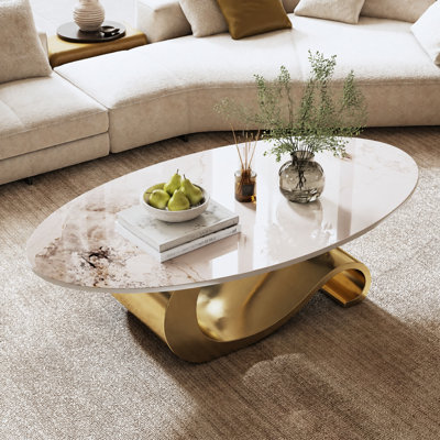 Table basse ovale en faux marbre de 125 cm (49,2 pouces) pour salon, table centrale moderne avec piètement en acier inoxydable pour la décoration intérieure