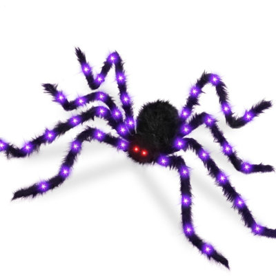 Halloween Spider Decorations, Fake Giant Spider With Purple LED Lights For Outside House, Light Up Black Hairy Spider For Halloween Indoor Outdoor Yard Party Haunted House Decor 3*AA Battery (Not Included)