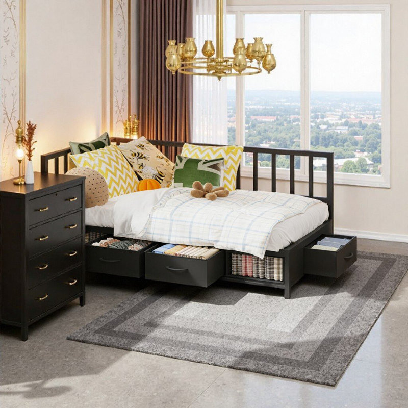 Corner Twin Daybed with Storage Drawers & LED Light - Black Metal Platform Bed Frame for Small Spaces