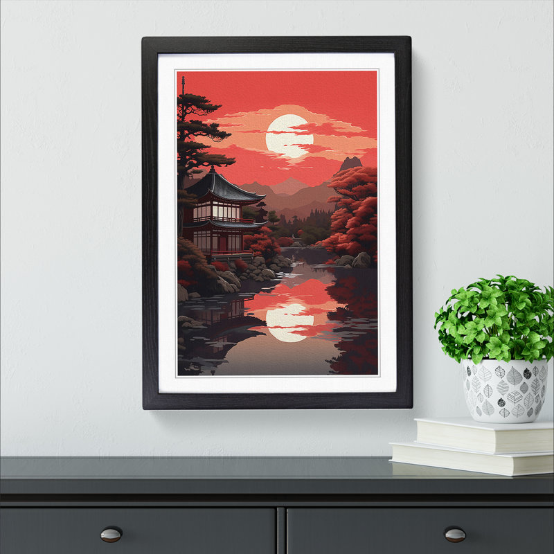 Japanese Sunset Classicism - Single Picture Frame Print on Wood, 46cm H x 34cm W x 2cm D, Black Framed