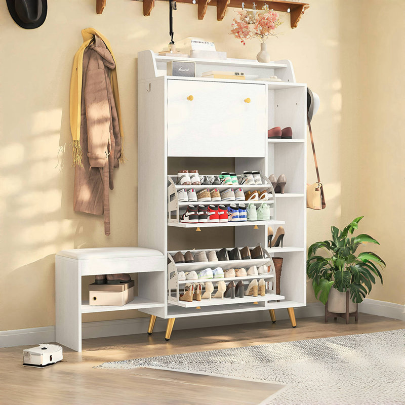 Shoe Storage Cabinet With Shoe Storage Bench, Free Standing Shoe Rack With 3 Flip Drawers, White