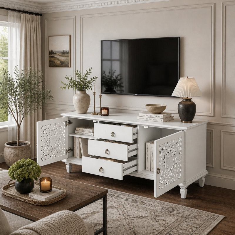 Meuble télé Farmhouse avec portes sculptées creuses et tablettes réglables, Blanc