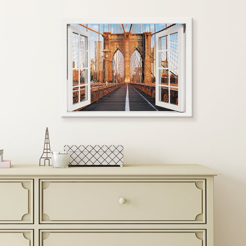 New York Brooklyn Bridge Window - Wrapped Canvas Print, 30cm H x 40cm W x 2cm D
