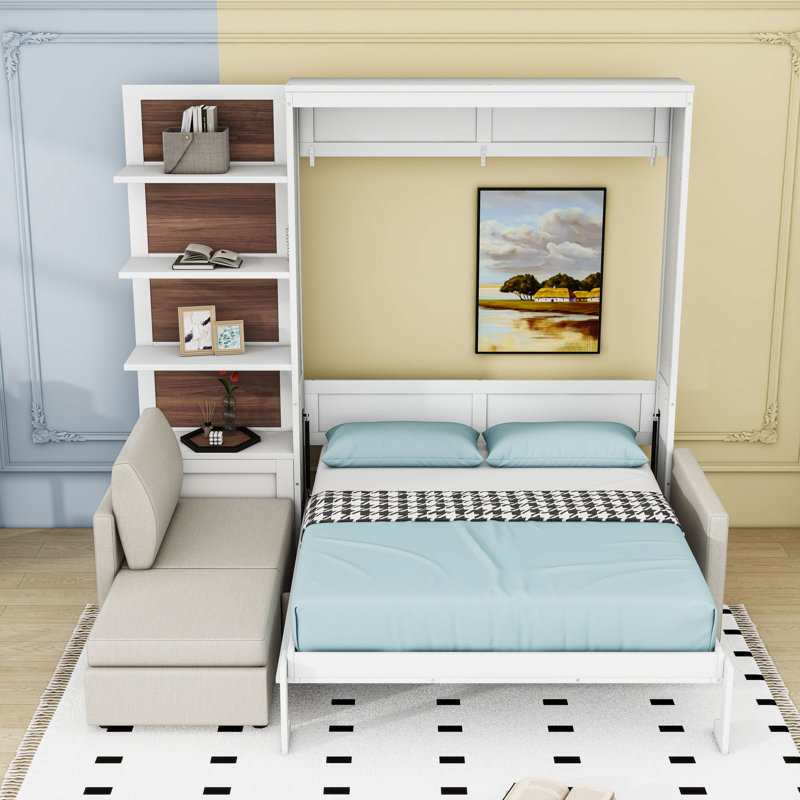 Grand lit escamotable avec canapé et tablettes, Blanc