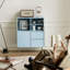 Armoire décorative moderne bleu + bois manufacturé argent + verre + acier inoxydable