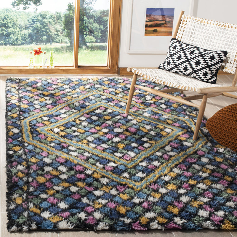 Cantu Hand Tufted Nz Wool/Cotton Geometric Rug in Blue/Gold, Rectangle 4' x 6'