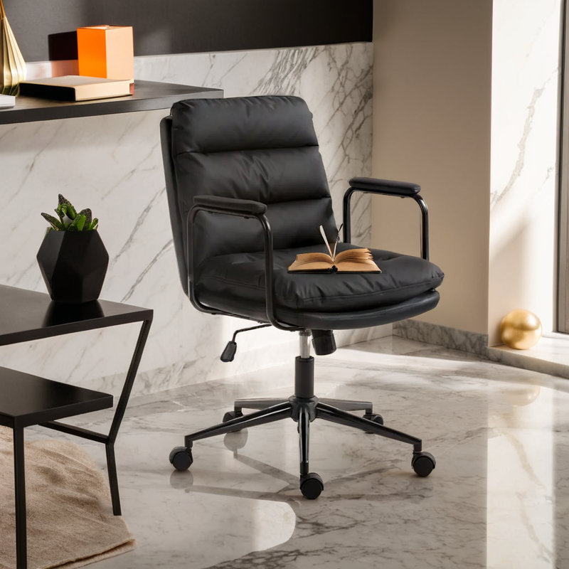 Mid Back Ergonomic PU Home Office Chair With Wheels, Black