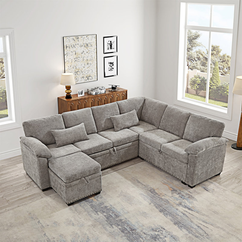 Canapé d'angle modulaire en L avec repose-pieds avec rangement, Gris chenille