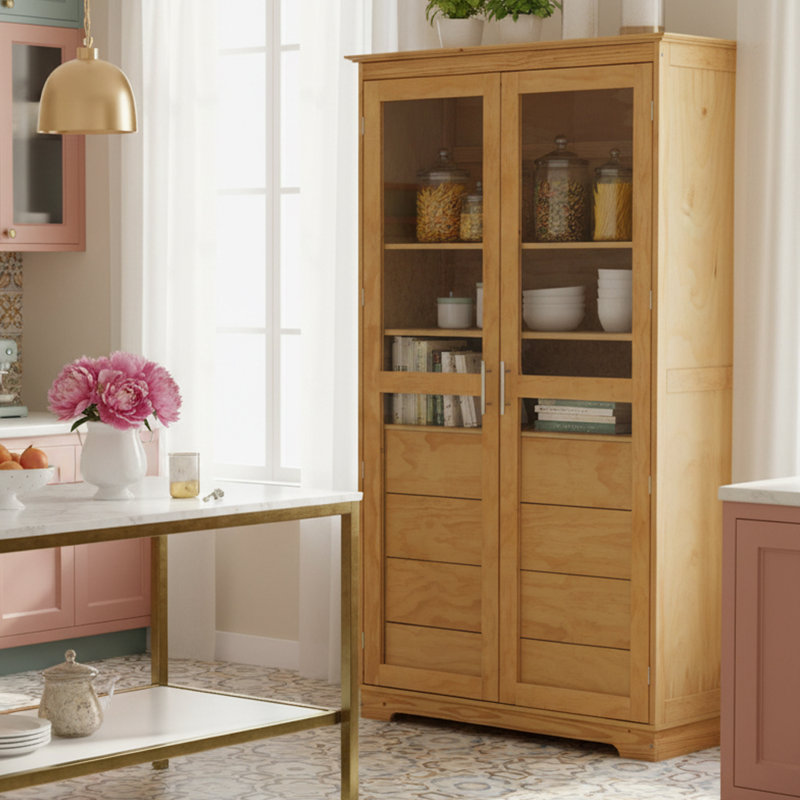 Large garde-manger large avec portes en verre et tiroirs intégrés, Naturel
