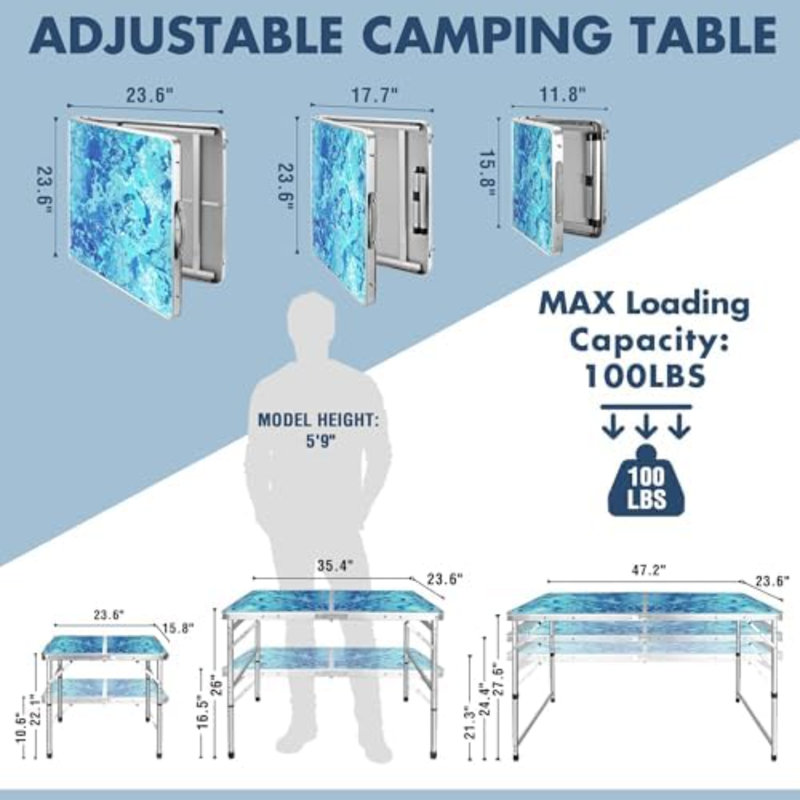 Table de camping pliante de 120 cm, petite table de pique-nique portative | Hauteur réglable ; Table pliante légère en aluminium ; Petite table pliante avec poignée de transport ; Utilisation extérieure, intérieure, randonnée, plage