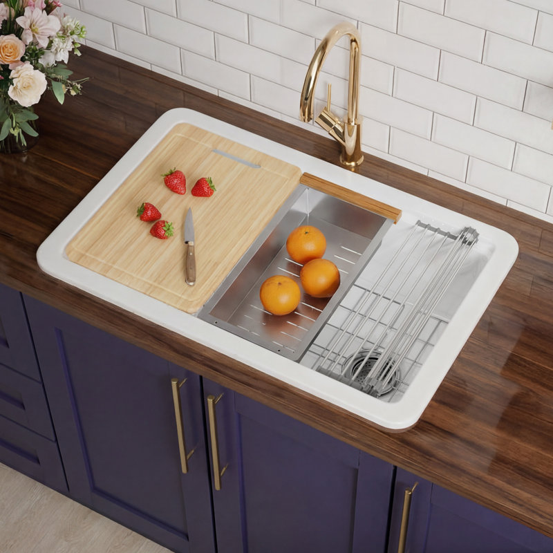 30"Lx19"W Fireclay Undermount Workstation Kitchen Sink Offset Drain, Drop-in Kitchen Sink White Single Bowl, Dual Mount, with Colander and Cutting Board