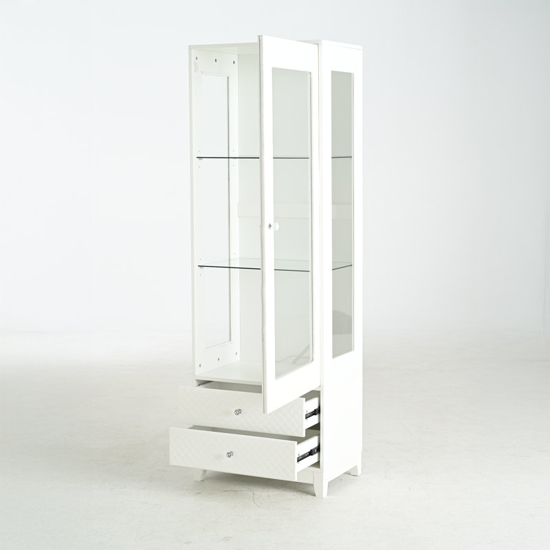 Vitrine 71 po autoportante avec 2 tiroirs de rangement, garde-manger rembourré avec plafonnier, armoire à vin avec porte vitrée et tablettes réglables - blanc
