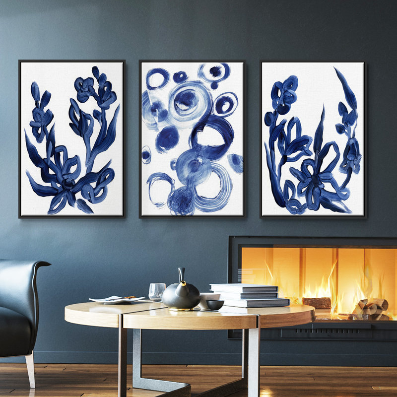 Indigo en fleurs I 3 pièces, H 27 po x l 54 po, Noir
