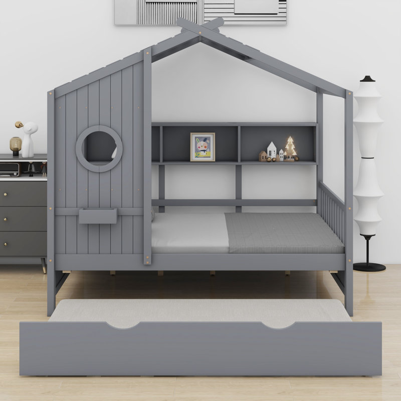Lit en bois en forme de maison avec lit gigogne et tablettes de rangement, Lit double, Gris
