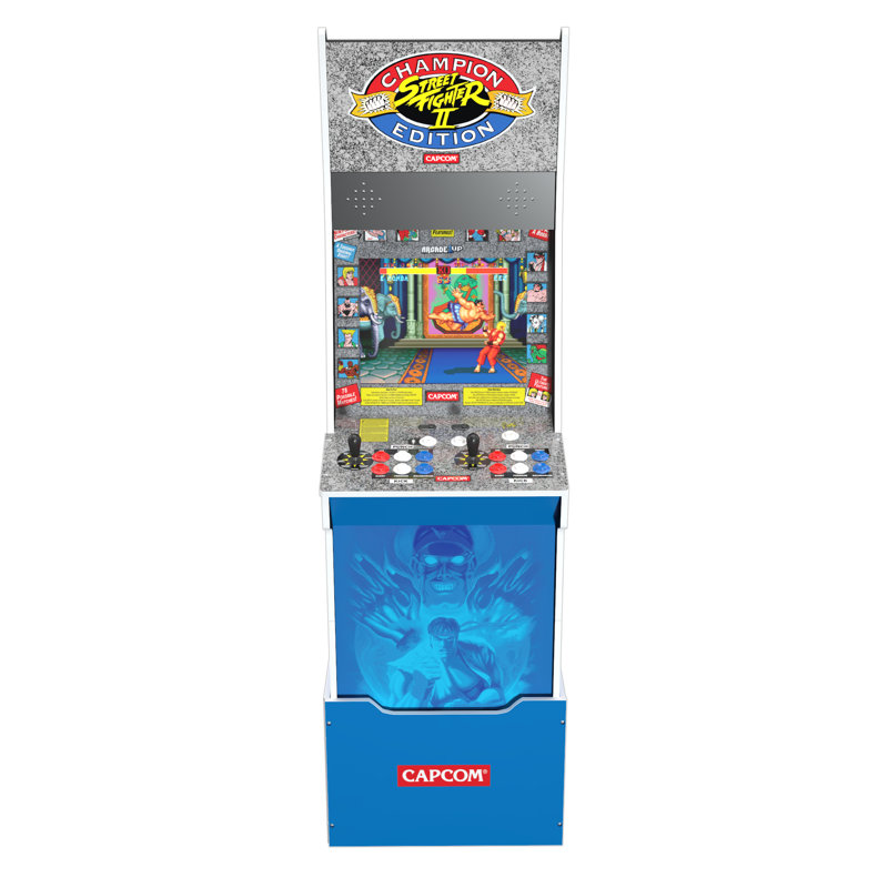Arcade1up Street Fighter II Big Blue Arcade Machine - édition Champion avec rehausseur, tabouret exclusif et chapiteau lumineux