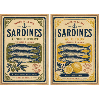 «Vintage Sardines Olive Lemon Coastal Market», ensemble de 2 reproductions d'art encadrées sur toile
