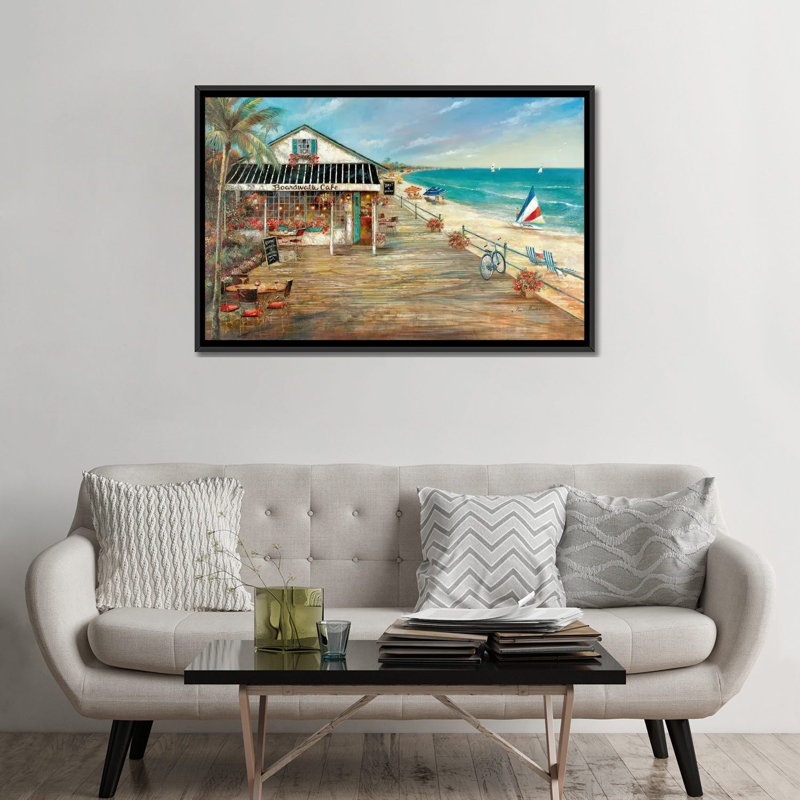 «Boardwalk Café» par Ruane Manning - reproduction d'art, H 32 po x l 48 po x 1,5 po, Toile avec cadre noir, Aucun mat