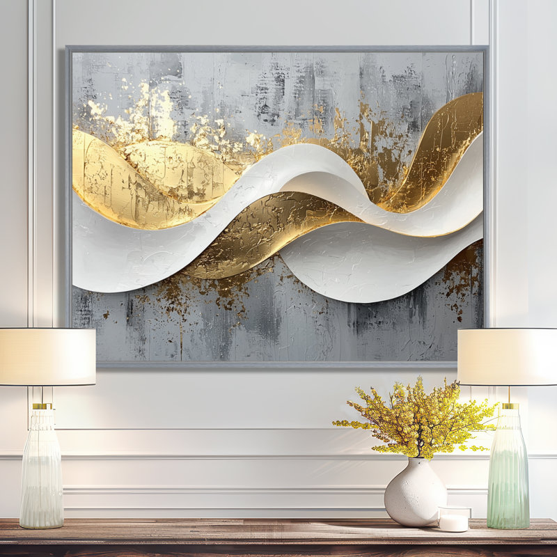 Abstrait bosquet d'introspection en or et blanc V - art abstrait de vagues modernes, Argent argent, H 34 po x l 44 po