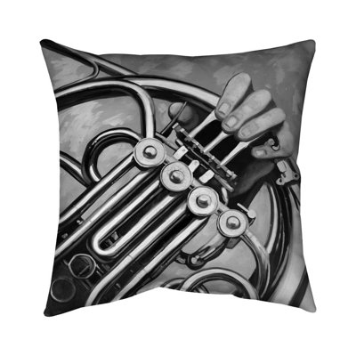 Musician with French Horn Monochrome - Black Outdoor Pillow